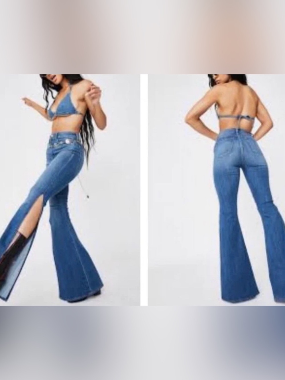 Articles Of Society Cotton Blend Blue High-Rise Split Flare Denim Jeans